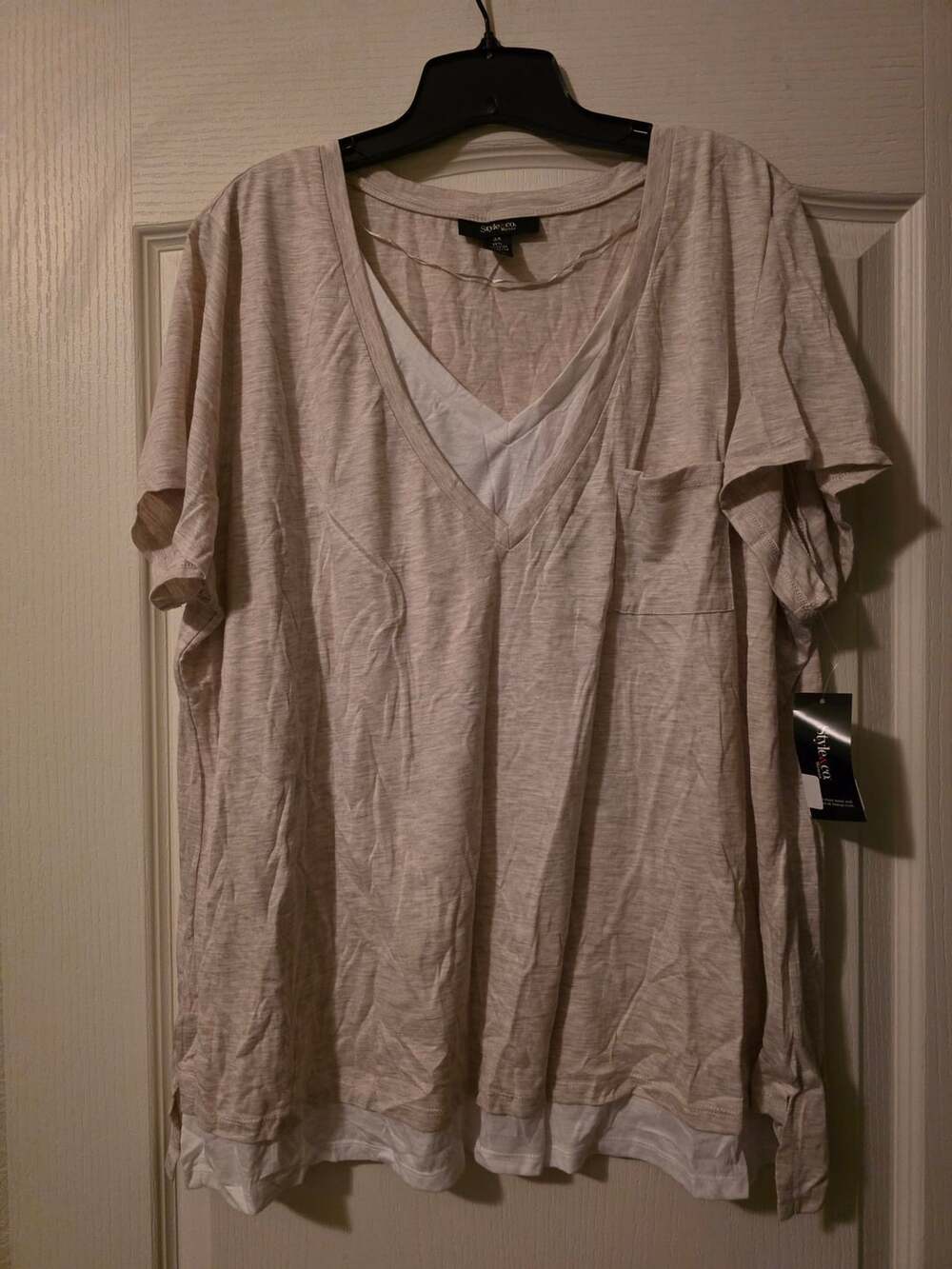 NWT tyle & Co Layered V-Neck Tee Size 3X Heather Beige Pocket Shirt